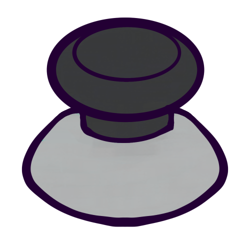 A drawing of a directional control stick that might be found on a video game controller. The stick is a dark grey circle with a “stem” at the bottom, protruding from a light grey, hemisphere-shaped base. 